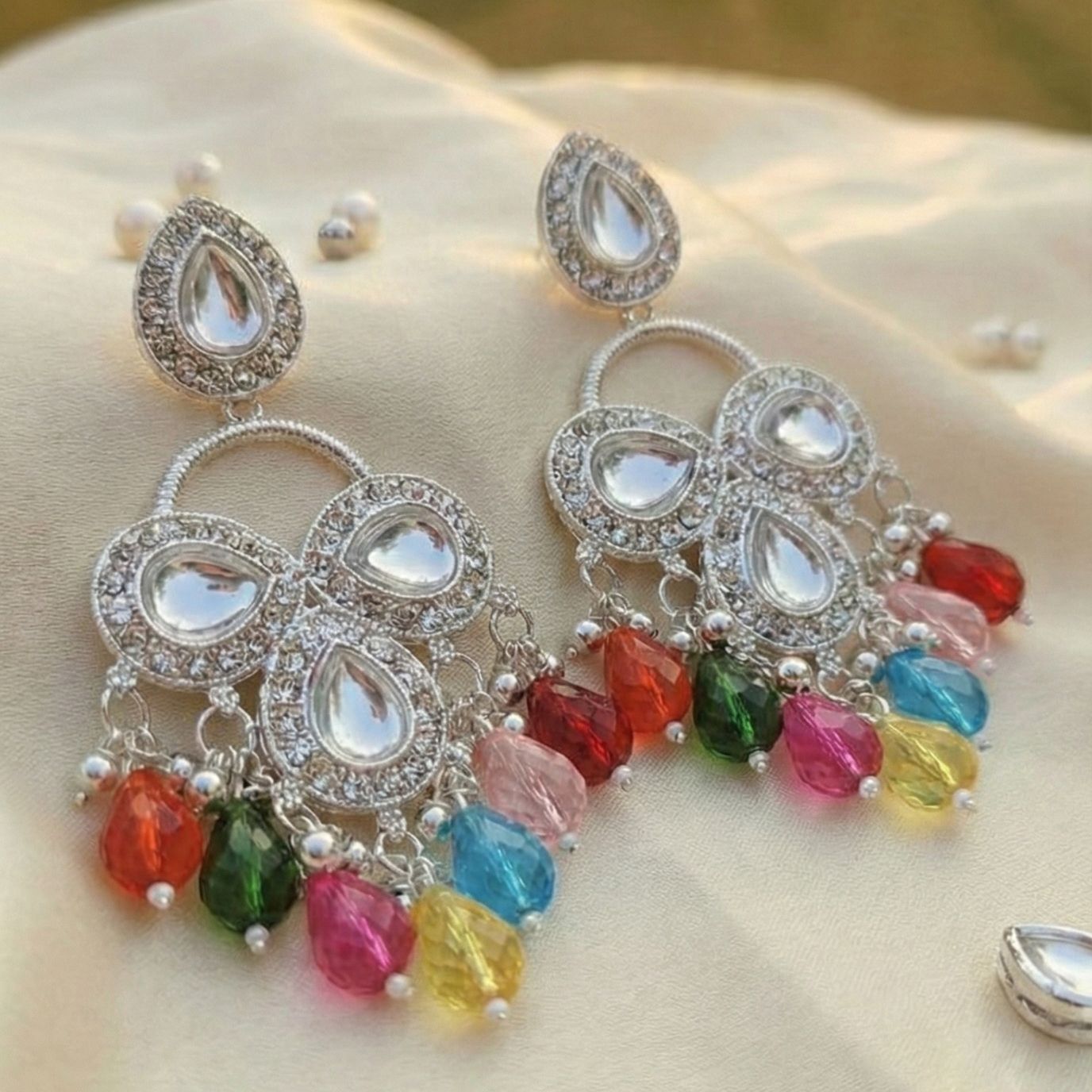 Kundan Chandbali Earrings with Multicolour Teardrop Drops — Festive Indian Statement Jhumka - Image 2