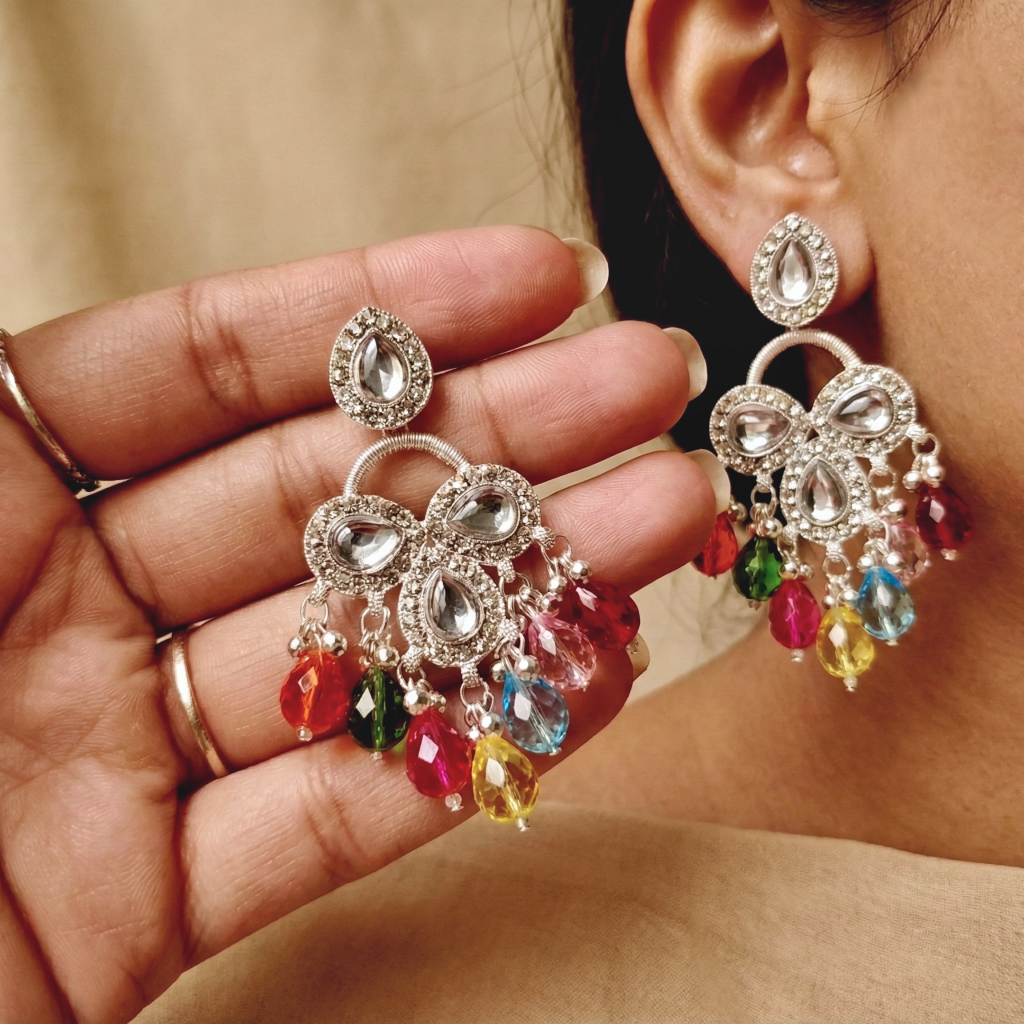 Kundan Chandbali Earrings with Multicolour Teardrop Drops — Festive Indian Statement Jhumka - Image 3