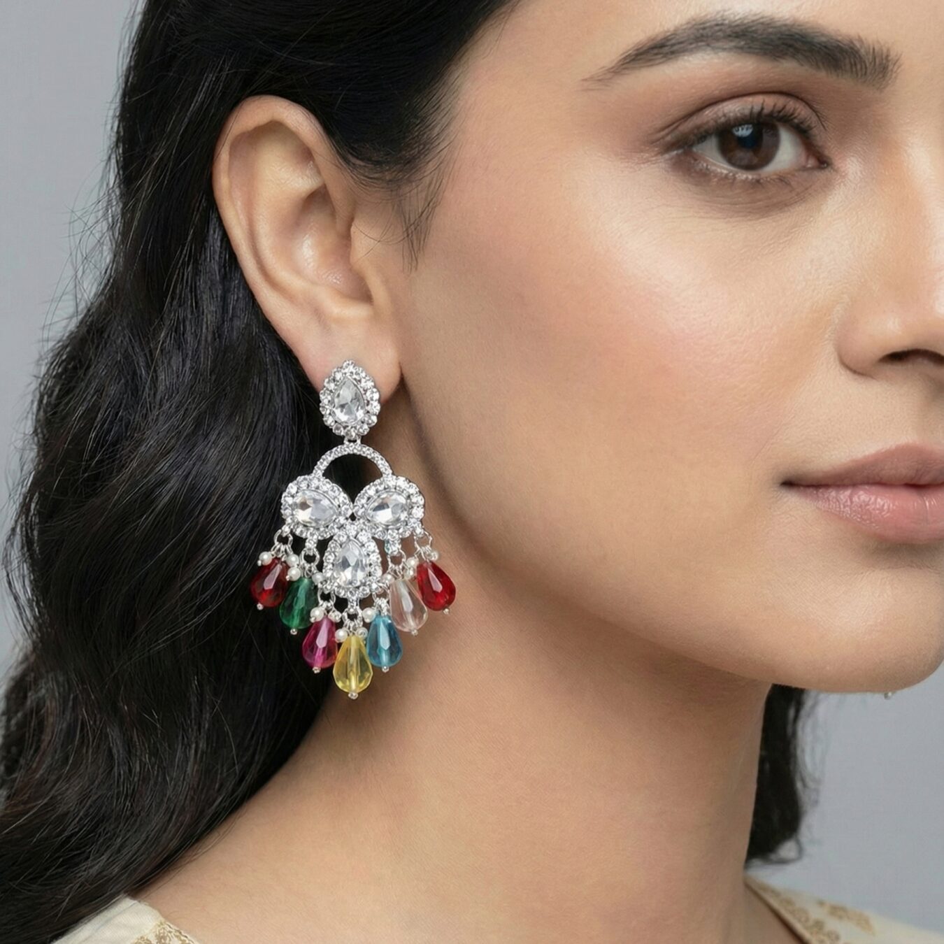 Kundan Chandbali Earrings with Multicolour Teardrop Drops — Festive Indian Statement Jhumka