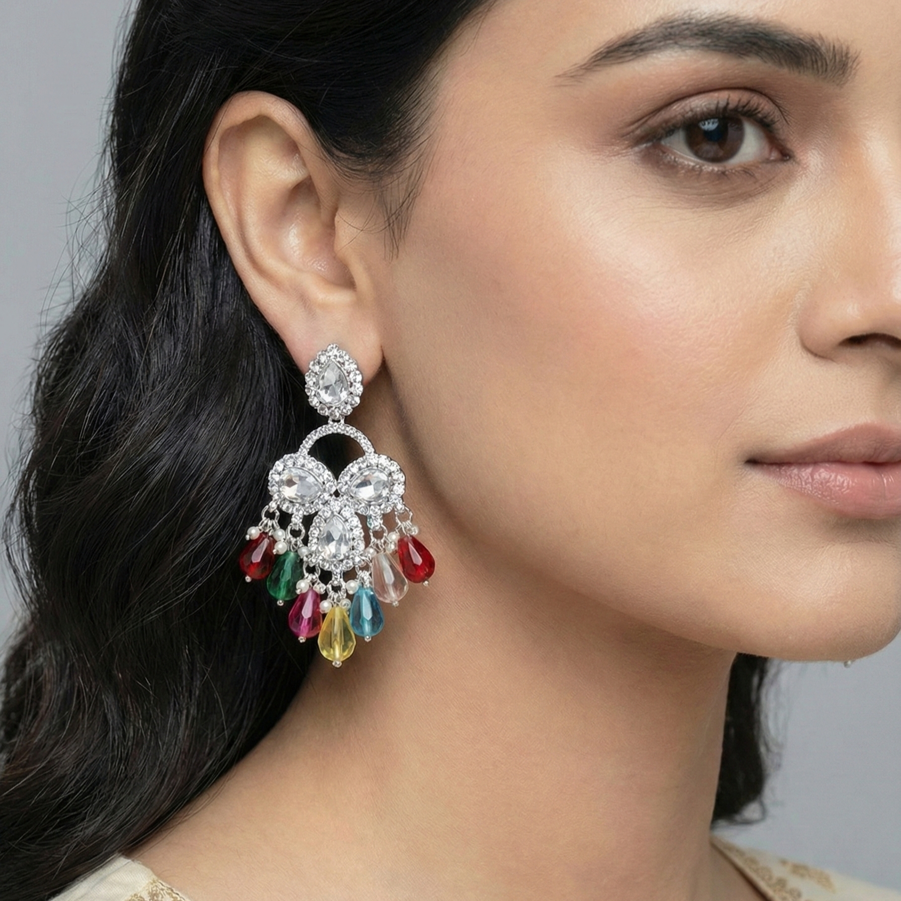 Kundan Chandbali Earrings with Multicolour Teardrop Drops — Festive Indian Statement Jhumka