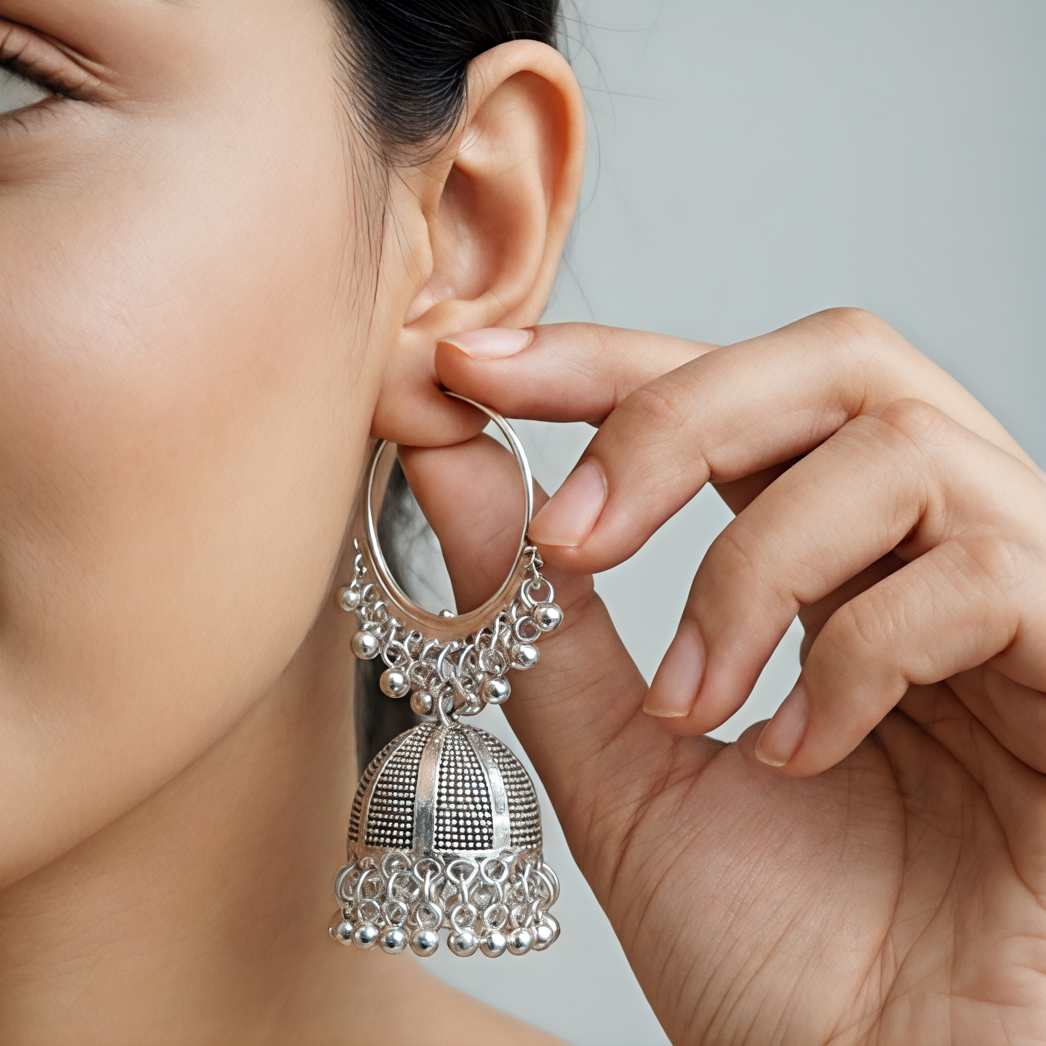 Elegant Oxidized Silver Hoop Jhumka Earrings - Image 4