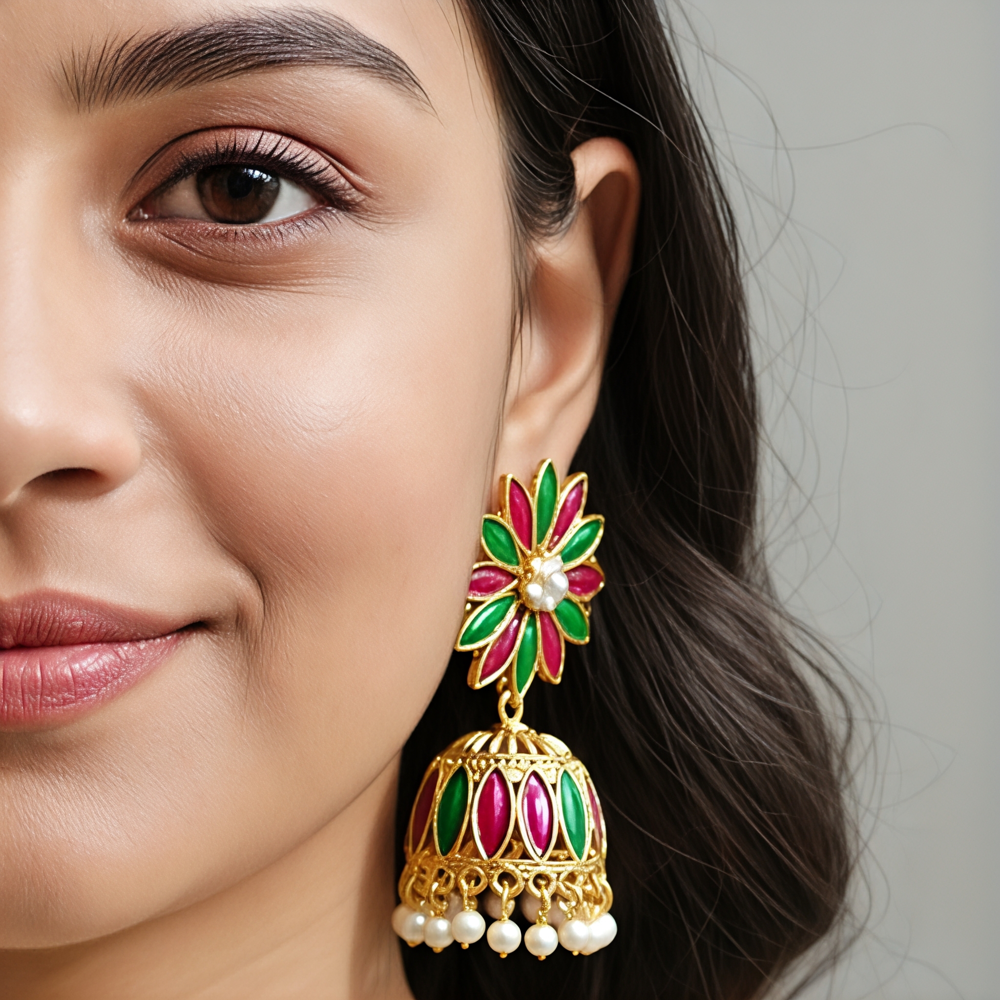 Handcrafted Meenakari Floral Jhumka Earrings — Gold-Tone with Pearl Drops