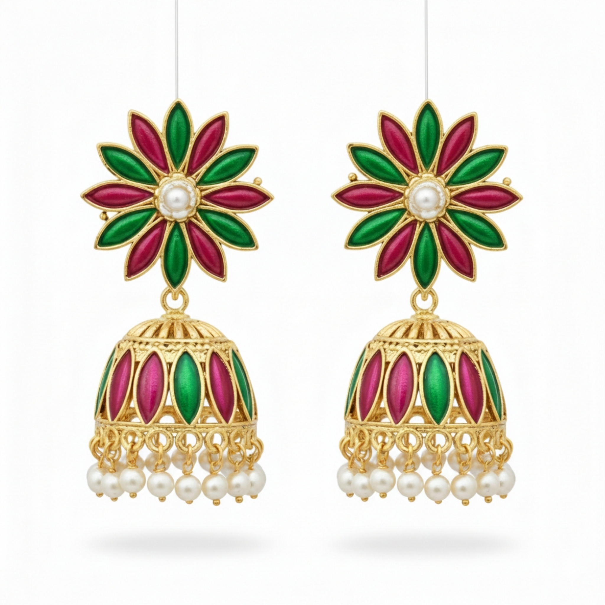 Handcrafted Meenakari Floral Jhumka Earrings — Gold-Tone with Pearl Drops - Image 5