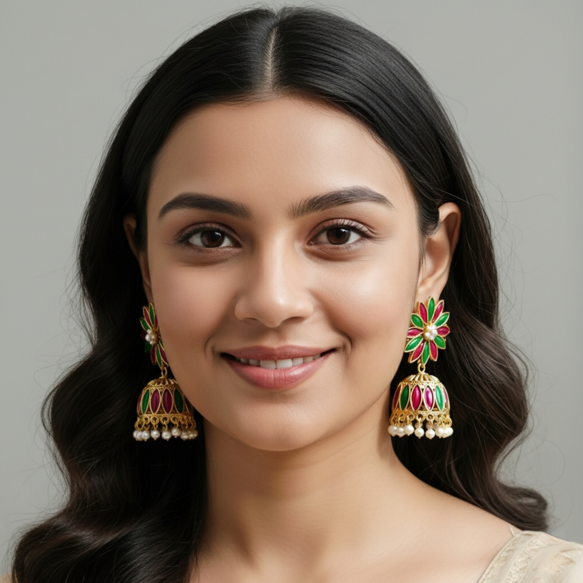 Handcrafted Meenakari Floral Jhumka Earrings — Gold-Tone with Pearl Drops - Image 3