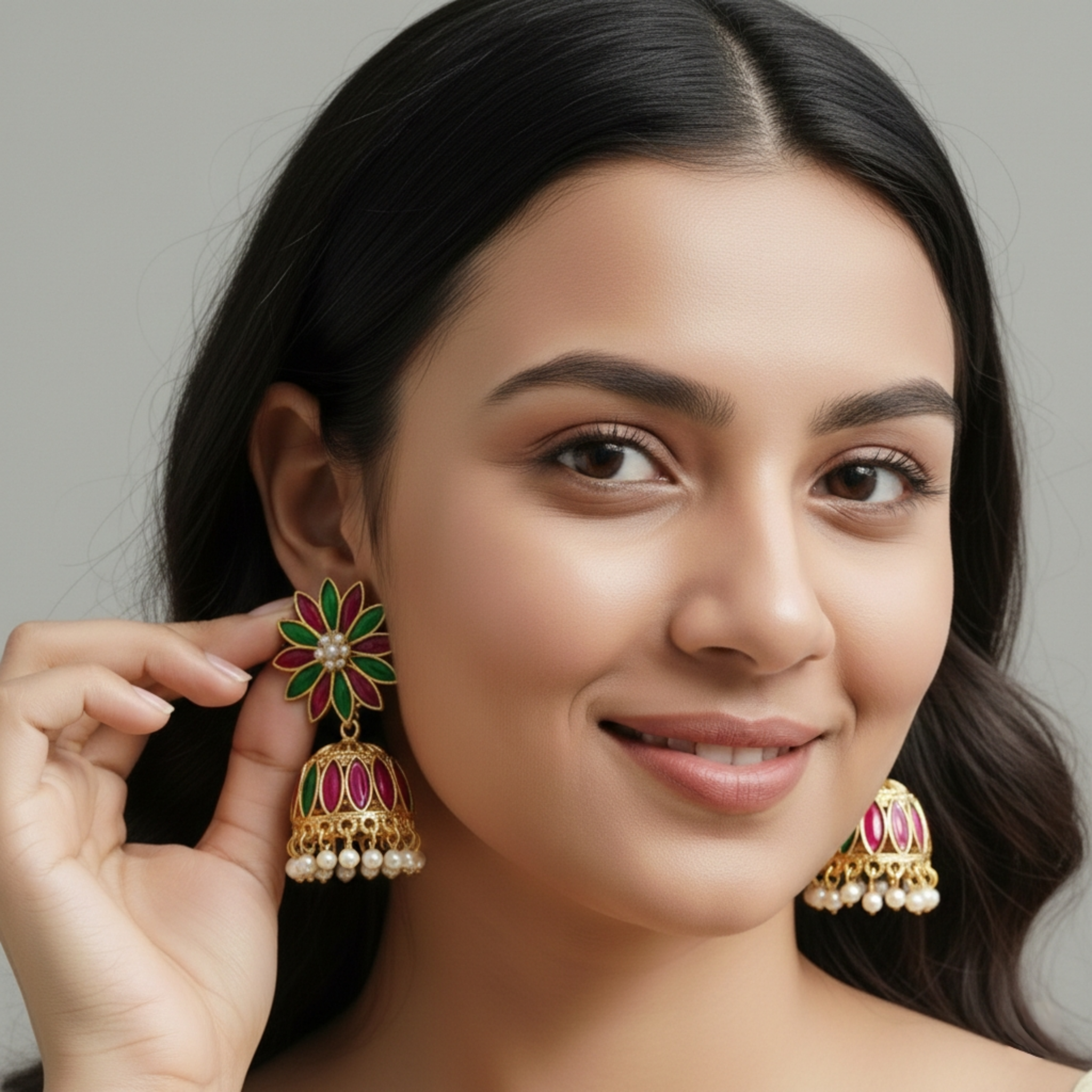 Handcrafted Meenakari Floral Jhumka Earrings — Gold-Tone with Pearl Drops - Image 2