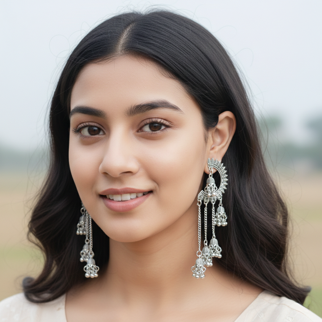 Oxidized Chandbali Jhumka Dangle Earrings - Image 4