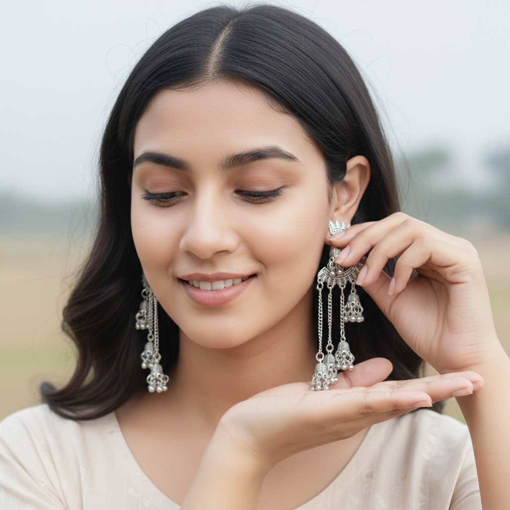 Oxidized Chandbali Jhumka Dangle Earrings - Image 2